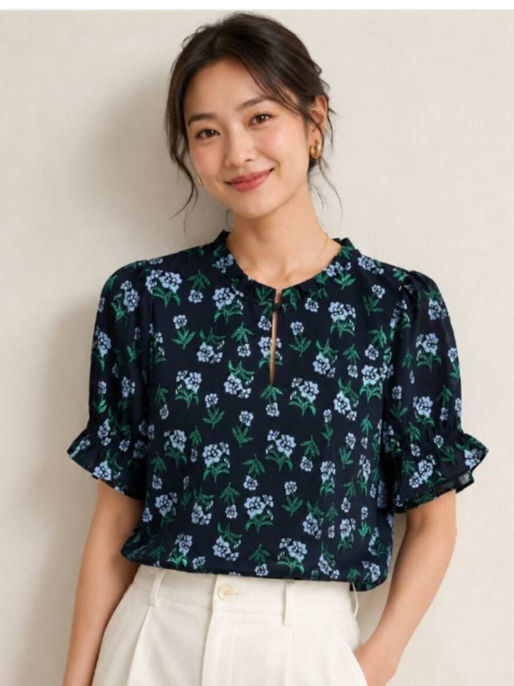 J. Crew Factory Short Sleeve Printed Ruffleneck Top NWT